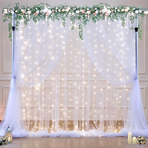 White Tulle Backdrop Curtain with Lights String for Parties Wedding Bridal Shower Sheer White Curtain Backdrop for Birthday Baby Shower Photo Booth Photography Background Decorations 10ft x 8ft - Image 2