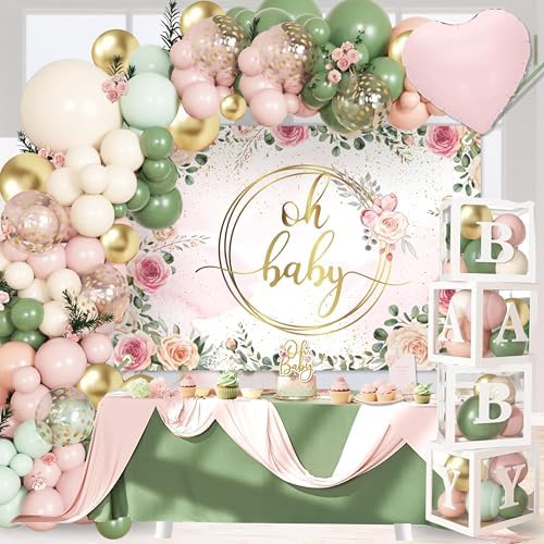 Baby in Bloom Baby Shower Decorations for Girl, Sage Green and Pink Party Supplies with 4pcs Balloon Boxes, "Welcome Baby Girl" Backdrop, Floral Tablecloth, 70pcs Balloon Garland Arch Kit by Jenlion