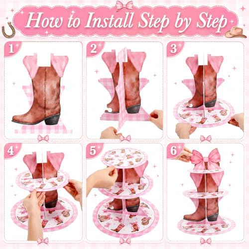 3 Tier Western Cowgirl Party Cupcake Stand Pink Bow Cupcake Tower - Image 4