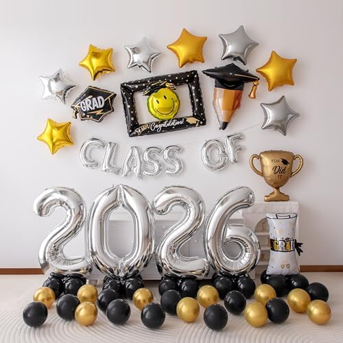65 PCS Congrats Grad Balloons Kit, Class of 2026 Graduation Party Decorations Black Gold Silver Foil Balloons with Congrats Mylar Balloons Celebration Supplies for High School College Graduation by Vrukiaa