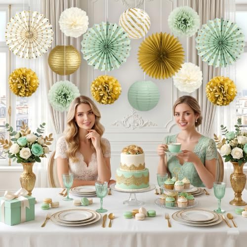 ADLKGG 14 Pcs Sage Green Gold Party Decorations, Paper Lanterns Fans Decor - Image 5