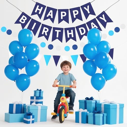 Blue Happy Birthday Banner Hanging Sign Circle Dot Triangle Bunting - Image 3