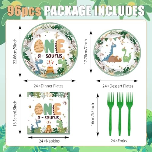 96Pcs One A Saurus Dinosaur 1st Birthday Plates and Napkins Boho Dino First Party Decorations Dinosaur First Dessert Plates Cartoon Jungle Dino 1st Tableware for 24 Guests Kids Birthday Party Supplies - Image 2