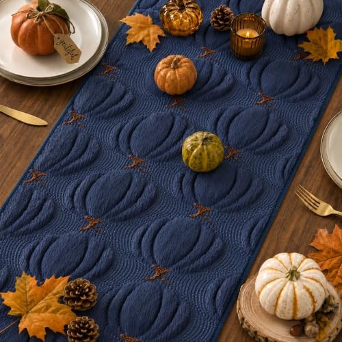 Fall Table Runner 13x120 Inch Soft Plush Faux Fur Jacquard Navy Blue Pumpkin Table Runner, Seasonal Autumn Kitchen Dining Table Decoration for Home Party Decor ZR010D120 - Image 5