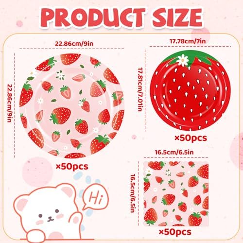 Strawberry Paper Plates and Napkins Set, Strawberry Birthday Decor, 50 Set - Image 3