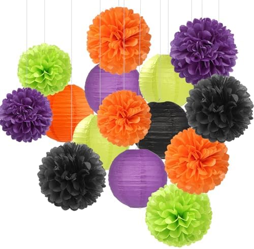 Black-Orange Purple Green Halloween Party-Decorations - 15PCS Paper Flowers Lanterns Tissue Pom Poms Streamers,Vintage Birthday Baby Shower Bachelorette Wedding Bathroom Hanging Supplies Decor Hugfond by Hugfond