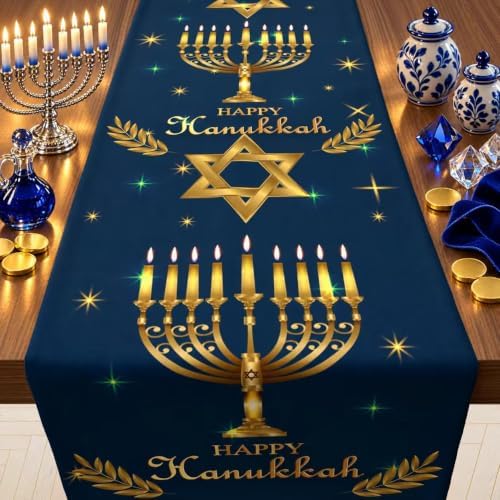 Hanukkah Decorations - Navy Blue Gold Hanukkah Table Runner by OHOME