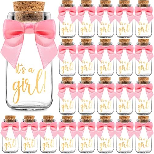 Ethisa Small 24 Pack It's a Girl Milk Glass Bottles with Ribbons and Stickers - Vintage Baby Shower Favors for Guests and Table Centerpieces - Girl Baby Shower Decorations - Sturdy Thank You Candy Jar by Ethisa