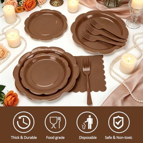 100Pcs Brown Plates and Napkins Party Supplies,25 Guests Disposable Brown Scalloped 9inch Plates,7inch Dessert Plates and Napkins and Forks Tableware for Birthday,Fall,Wedding,Rustic Parties - Image 4