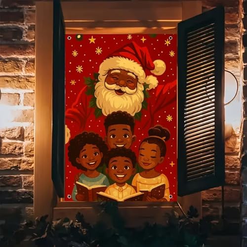 BlissYard Jolly Black Santa Christmas Banner Fabric 31x47 Inch by BlissYard