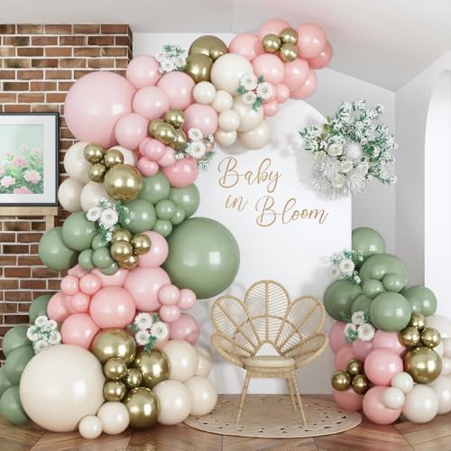 Baby in Bloom Balloon Arch Kit, 134Pcs Dusty Sage Green and Pastel Pale Pink Cream White Beige Light Gold Floral Balloon Garland for Girls Boho Baby Shower Flower Birthday Garden Tea Party Decorations by Togvu