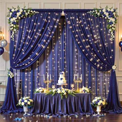 20x10FT Navy Blue Wrinkle Free Backdrop Curtains with Lights String for Parties - Photo Curtain Backdrop with Lights for Wedding Decorations, Bridal Baby Shower Birthday Party Photography Background - Image 3