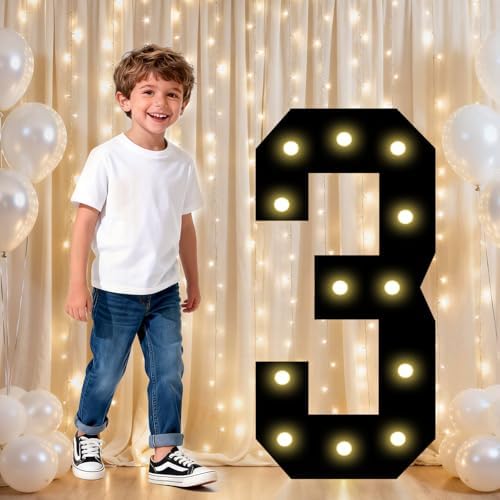Pooqla 3rd Birthday Decorations for Boys, 2.4FT Light Up Numbers by Pooqla