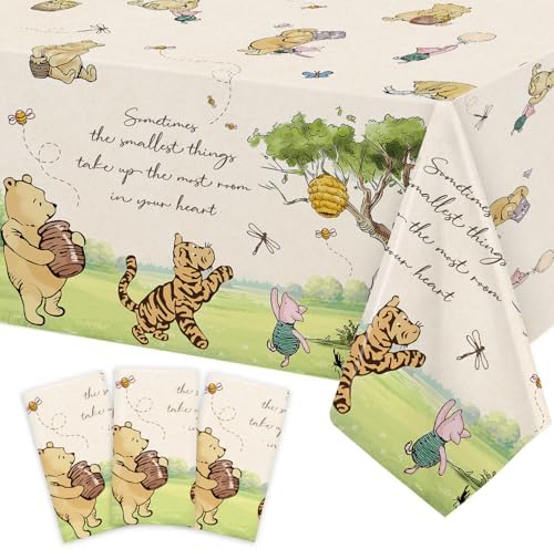 3Pcs Classic Winnie Bear Baby Shower Birthday Decorations Quotes Table Cloths, Neutral Rectangle 54 x 108Inch Disposable Vintage Pooh Bear Tablecloths for Winnie Gender Reveal 1st Birthday Decorations by Lopeastar