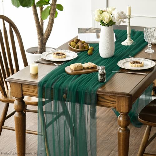 Artoid Mode 6PCS Dark Green Gauze Table Runner 120 Inch 10FT, Seasonal Sheer Kitchen Dining Holiday Wedding Birthday Baby Shower Table Decor for Home Party - Image 3