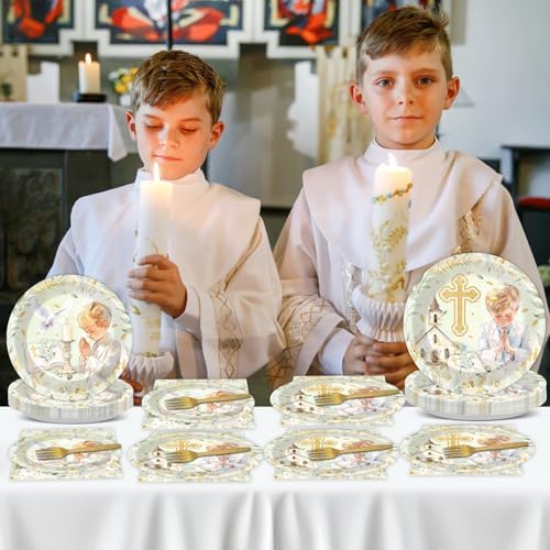 96Pcs First Communion Plates and Napkins for Baptism God Bless Party Supplies Green Mi Primera Comunion Paper Dessert Plates Tableware Set for Boy 24 Guests Baby Birthday Christening Party Decorations - Image 5