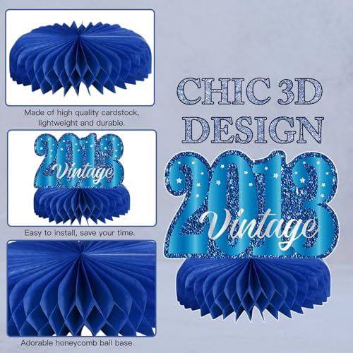 9Pcs 13th Birthday Decorations Blue Silver 13th Birthday Party Decorations for Teens Boys Girls,Happy 13 Years Birthday Honeycomb Centerpieces Table Sign Decor Supplies - Image 3