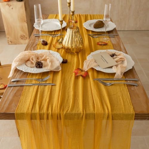 3Pcs Fall Golden Cheesecloth Table Runner 120 Inch Party Home Decor - Image 5