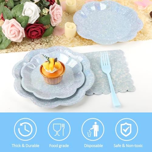 100pcs Blue Paper Plates and Napkins Party Supplies,Iridescent Disposable 9inch Plates,7inch Dessert Plates and Napkins and Forks,Holographic Tableware for Birthday Baby Shower,Serves 25 - Image 4