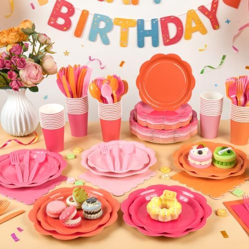 350 Pcs Pink and Orange Party Plates and Napkins - Hot Pink Orange Party Decoration Tableware set Include Sunset Tropical Scalloped Plate Napkin Cup & Cutlery for Baby Shower, Wedding, Birthday - Image 4