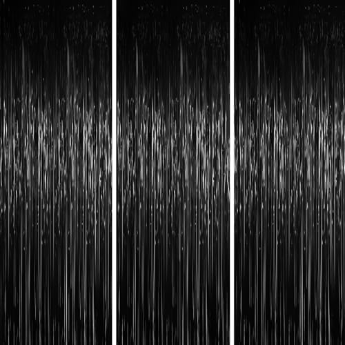 Voircoloria Foil Fringe Backdrop Curtains, 3.3x6.6ft,Black, 3pcs by Voircoloria