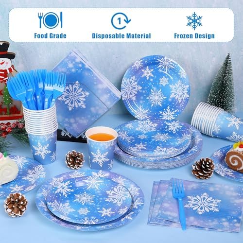 durony 144 Pieces Frozen Paper Plates and Napkins Dinnerware Set Winter Snowflake Party Tableware Supplies Includes Paper Plates Napkins Forks Serve 24 for Christmas Party Supplies - Image 4