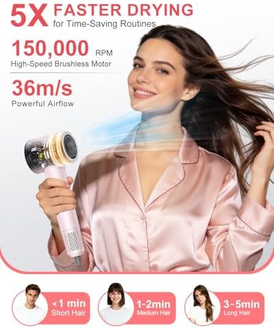 Ionic Hair Dryer, 150,000 RPM High-Speed Professional Blow Dryer for Fast Drying, 500M Negative Ions & Thermo-Control, Magnetic Nozzle, Low Noise & Lightweight for Home and Travel, Pink - Image 2