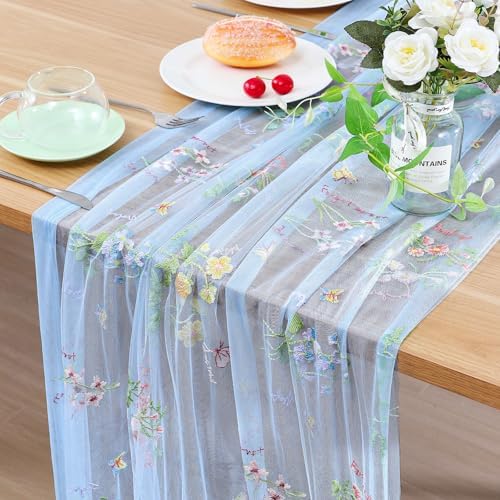 BINBE 3pcs Blue Florals Table Runner Embroidery Gauze 10FT Daisy Seasonal Tulle Birthday Wedding Holiday Kitchen Dining Table Decor for Home Party by BINBE