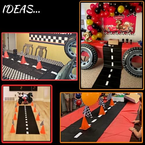 4E's Novelty Race Car Party Supplies Set, 38 Pieces, 12 Traffic Cones, 24 Checkered Flags and Racetrack Floor Runner, Birthday Decorations for Kids - Image 5
