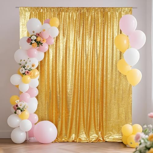 SquarePie 8x8ft Gold Sequin Backdrop, High Density Non-Transparent Glitter Curtain for Photography, Birthday, Wedding Party Decorations, Thick Solid Background with 4" Rod Pocket, 1 Panel by SquarePie