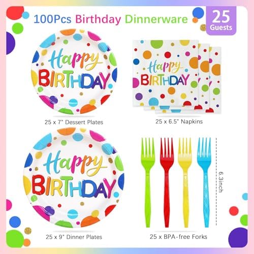 Multicolor Birthday Decorations Plates Set for 25 Guests, 100 Pieces Birthday Paper Plates Napkins Forks with Colorful Dots Design Tableware for Kids Boys Girls - Image 6