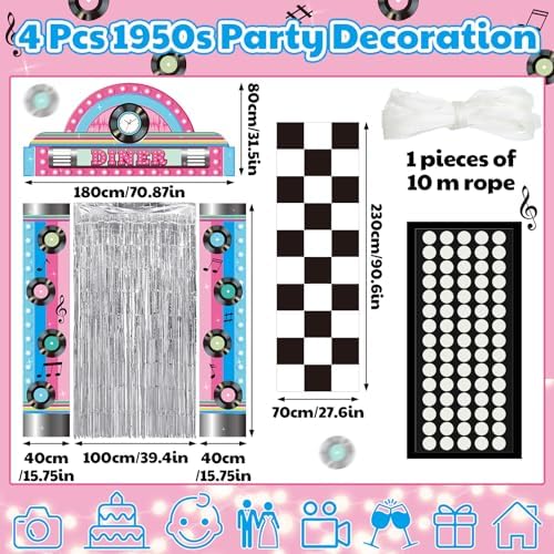 VitalCozy 7 Pcs 1950s Party Decorations Retro Diner Backdrop Silver Fringe - Image 2