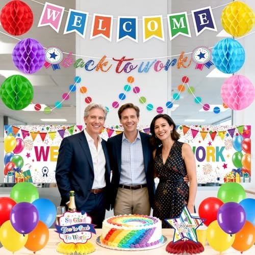 23pcs Welcome Back to Work Decorations Office Colorful Welcome Back to Work Banner Balloons We Missed You So Much Backdrop Table Centerpieces Pompoms Circle Dot Garland for Back to Work Office - Image 2