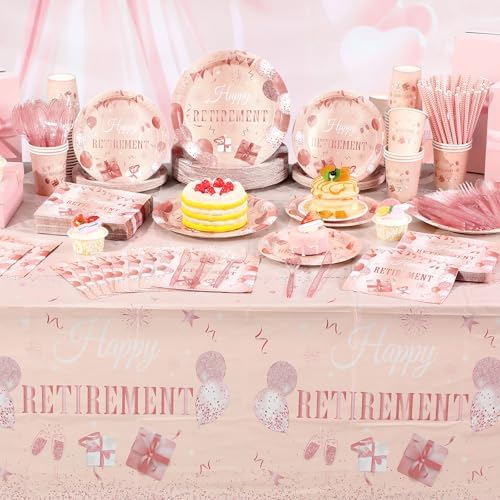 Funnymoom 452 Pcs Retirement Party Decorations for Women, Rose Gold Happy Retirement Paper Plates Napkins Cups Tablecloth Cutlery Straws for Women Say Goodbye Party Supplies, Serves 50 Guests - Image 6