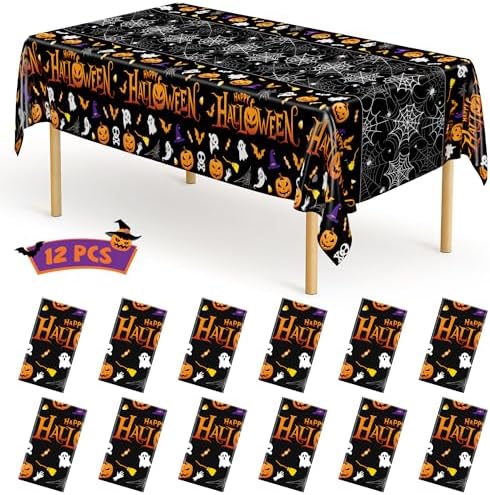 12 Pack Halloween Tablecloth Disposable Bulk 54" x 108" Pumpkin Spider Webs by QZYL