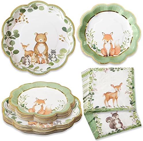 Kate Aspen Woodland Baby Shower Decorations, 62-Piece Disposable Paper Plates & Napkins Party Supplies for 16 Guests - Woodlands Animals Theme for Baby Boy Shower Table Decorations, Gender Reveal by KateAspen