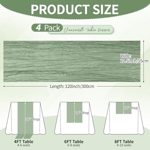 4 Pack Sage Green Cheesecloth Table Runner 10Ft, Gauze Table Runners 21.5 x 120 inch,Semi Sheer Cheese Cloth Fabric Runner Bulk for Wedding,Party,Baby Shower,Bridal Shower - Image 2
