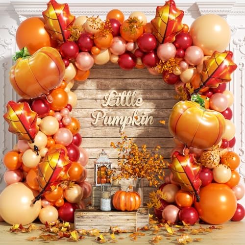 Fall Balloon Arch Garland Kit 172pcs with Leafs Pumpkins, Thanksgiving Balloons Arch Orange Nude Burgundy Rose Gold Balloons Different Sizes for Little Pumpkin Birthday Baby Shower Decoration by PTGOLUO