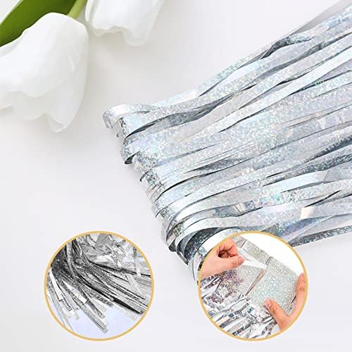 10 Pack Silver Foil Curtain Backdrop 3.2ft x 9.8ft Metallic Tinsel Foil Fringe Curtains Streamer Photo Booth Backdrop for Birthday Party Engagement Bachelorette Party Decorations - Sparkle Silver - Image 4