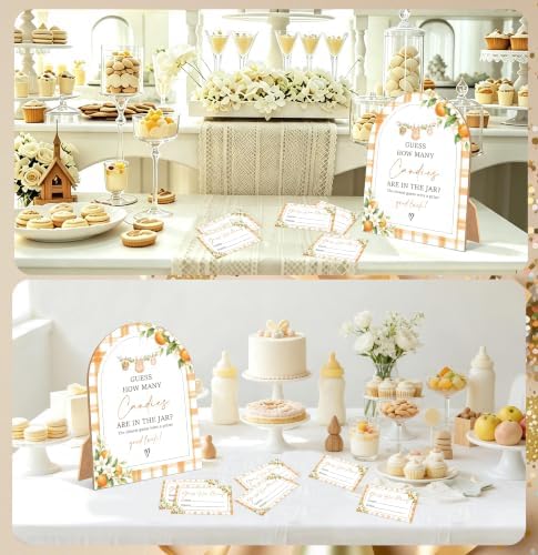 A Little Cutie Baby Shower Games, Orange Guess How Many Candies Are In The Jar, 6x8 Inch Arch Wooden Sign With Stand And 50 Guessing Cards, Gender Reveal Party Supplies & Decorations - JC09 - Image 5