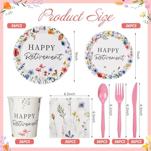 Yungyan 252 Pcs Wildflowers Retirement Party Tableware Set Included Plates Napkins Cups Forks Knives Cutlery for Party Decorations Supplies 36 Guests - Image 2