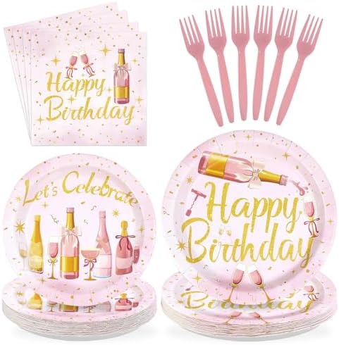 96Pcs Pink Rose Wine Champagne Birthday Party Supplies, Serves 24 by Greencian