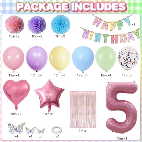 Pastel 5th Birthday Colorful Party Decorations Girls Pink Number 5 Balloon - Image 3