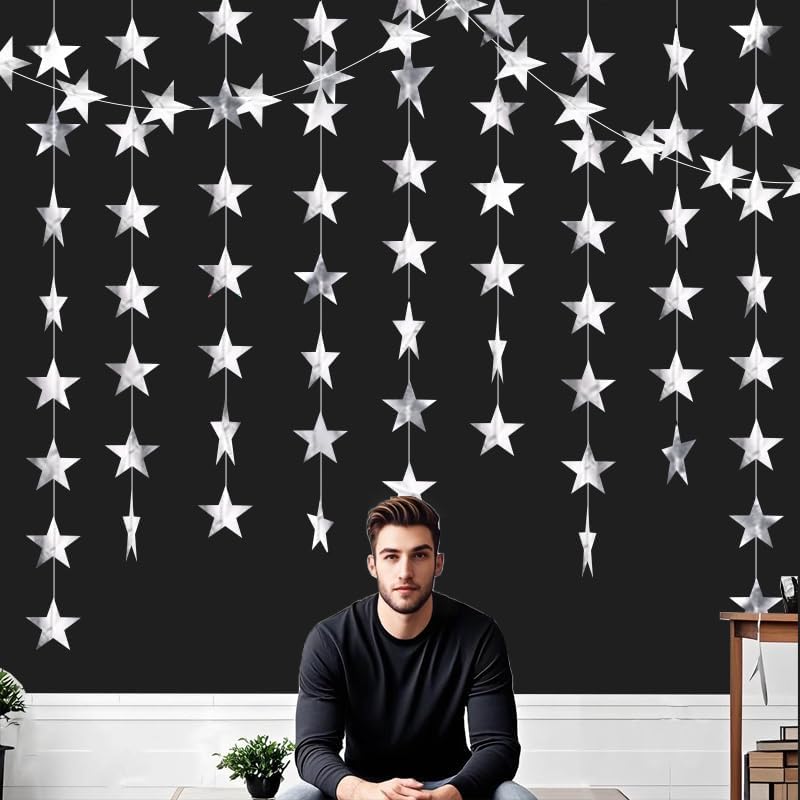 Silver Shining Star Hanging Garland Silver Hanging Sparkling Star Streamer Glitter Bunting Banner Twinkle Backdrop for Wedding Baby Shower Birthday Christmas Decorations 40 Feet - Image 5