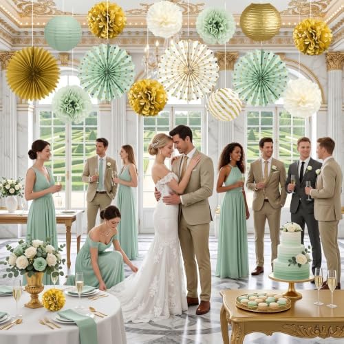 ADLKGG 14 Pcs Sage Green Gold Party Decorations, Paper Lanterns Fans Decor - Image 4