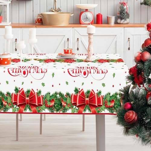 QZYL 2 Pack Christmas Tablecloths, 54" x 108" Xmas Plastic Table Cloth, Poinsettia Holly Bells Design Holiday Disposable Tablecover Rectangle Tablecloth, Christmas Decor Holiday Table Decorations - Image 6