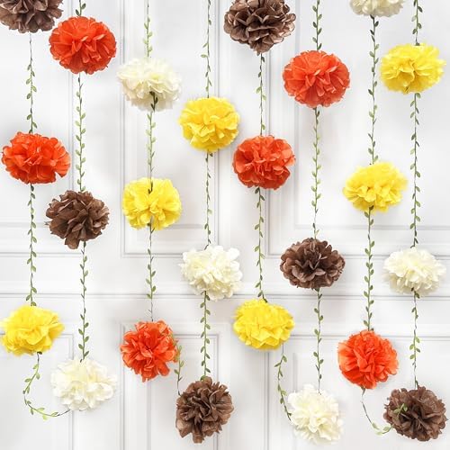 Fall Party Decorations Orange Yellow Brown Beige Tissue Paper Flowers Pom Pom Leaf Ribbon Hanging Garland Streamer for Thanksgiving Harvest Birthday Bachelorette Wedding Shower Party Supplies by pinkblume