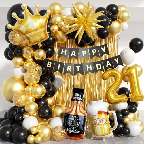 21st Birthday Decorations for Him 150pcs with Number 21 Foil Balloon Fringe Curtains White Black and Gold Balloons Arch Kit for 21st Birthday Decorations Graduation Birthday Balloons for Bed by PTGOLUO