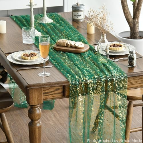 Artoid Mode 3PCS Green Gold Gauze Table Runner 120 Inch 10FT, Glitter Metallic Foil Sheer Dining Wedding Anniversary Holiday Table Decor for Home Party - Image 2