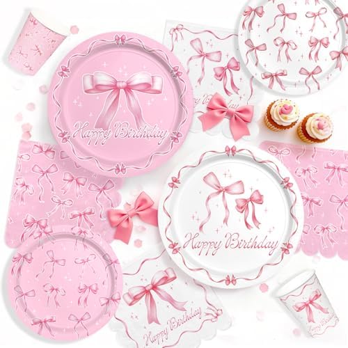Pink Bow Happy Birthday Decorations Set for 24: Bachelorette Party Supplies Kit with Dinner & Dessert Plates, Napkins, Cups, Banner, Tablecloth - for Women's Tea Birthday Party Decorations - Image 3